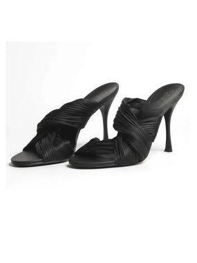 Gucci Black Satin Pleated Twist Mule Sandals Stiletto Heels Size 8.5